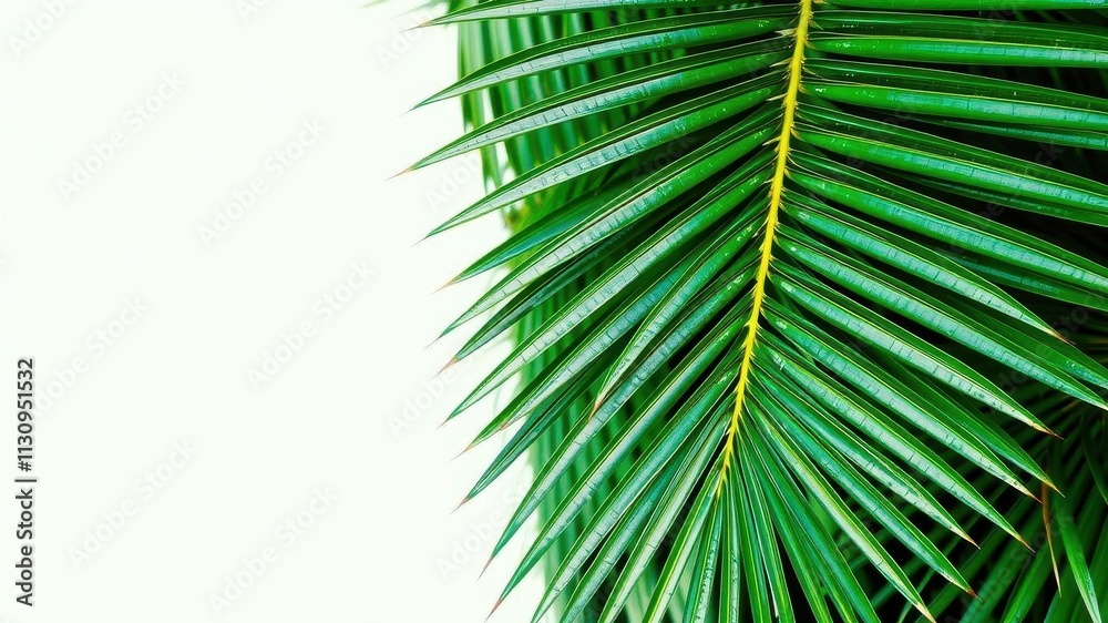 Obraz premium Close up shot of a vibrant green palm leaf showcasing its intricate texture and natural beauty, foliage, background