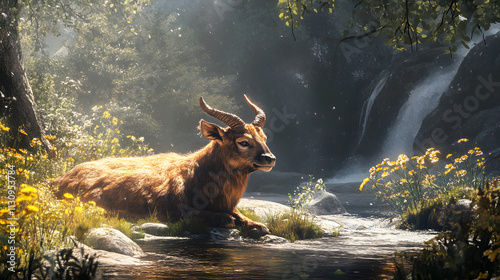 Inspired Art of a Magar Relaxing by the Riverbank Under the Golden Sun, Surrounded by Stunning Flora photo