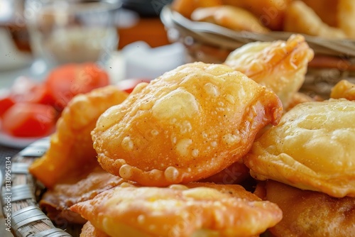 Macro shot of fried bakes a Caribbean dish served with various sides photo