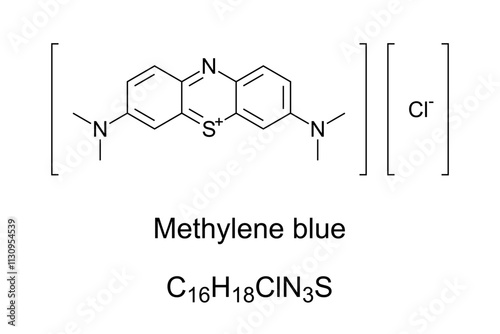 Methylene blue, methylthioninium chloride, chemical formula and molecular structure. A salt used as a dye and as a medication, mainly to reduce the ferric iron in hemoglobin to ferrous iron. Vector photo