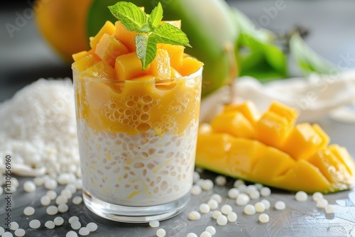 Mango Sago is a refreshing summer dessert with juicy mango chunks and tapioca pearls in a creamy mango infused milk or coconut milk pudding photo