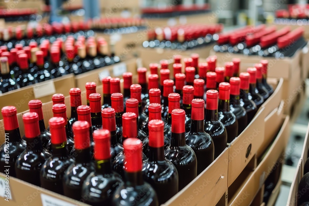 Fototapeta premium Many bottles of red wine in the warehouse Wine boxes at the factory