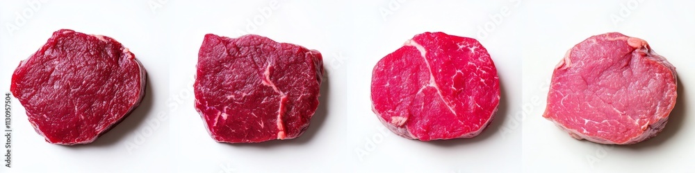 Obraz premium Four pieces of raw beef in a row showing different sizes, shapes and natural beauty on white background.