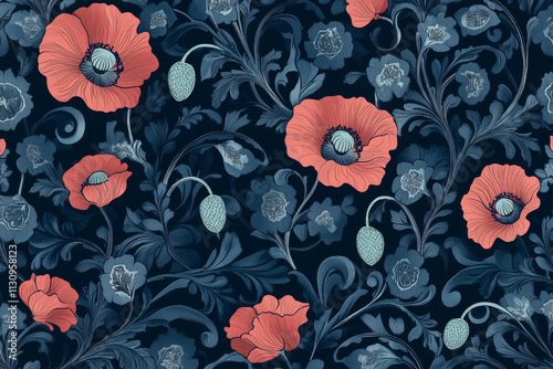 A sophisticated floral pattern with intricate designs of poppies and ivy leaves glowing on a midnight background. photo