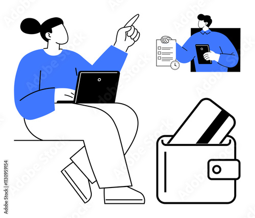 Woman with laptop points upward while man holds checklist, tablet, and clock. Wallet with inserted card. Ideal for productivity tools, time management, online payments, remote work, organization