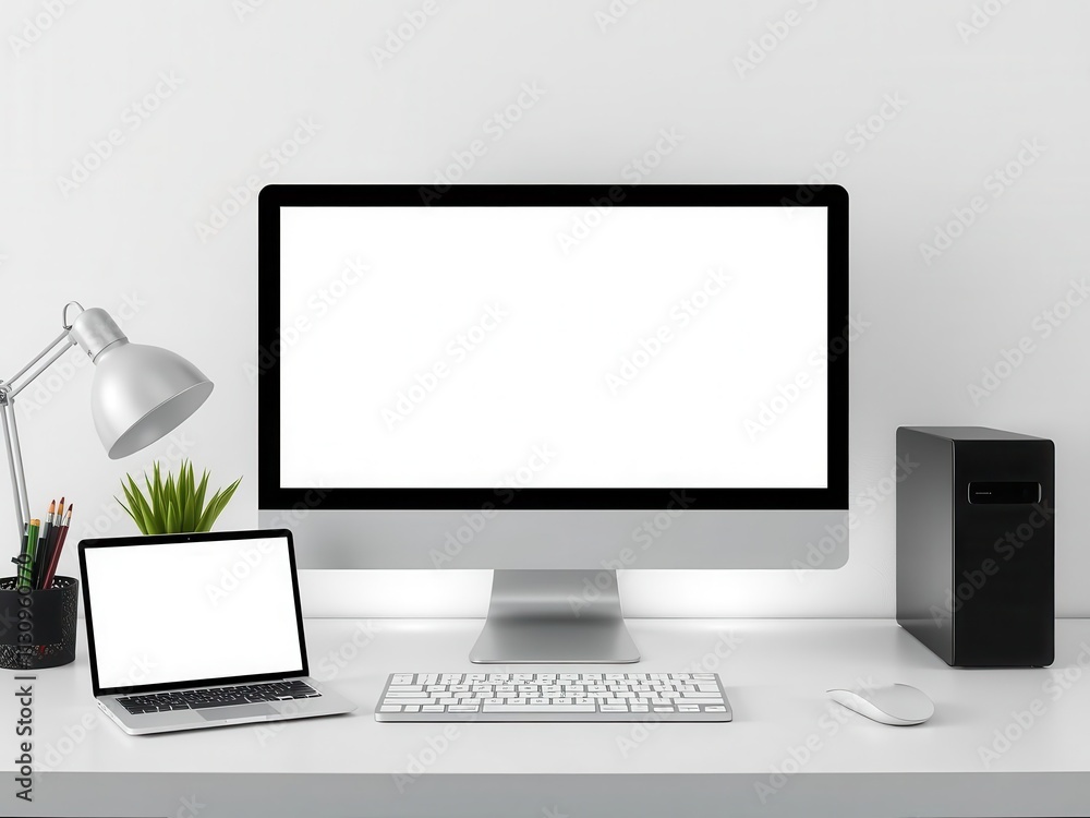 Fototapeta premium Laptop computer mockup displayed on a clean white background for design presentations and digital mockups, technology, mockup