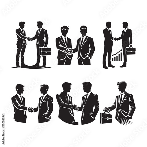 Handshake silhouette, Man handshake silhouette, Businessman handshake silhouette, Handshake vector set.