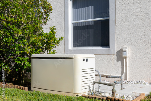 Home electric power generator on the side of house for use of emergency power outage photo