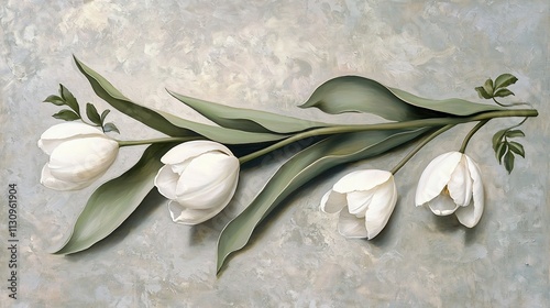 Elegant White Tulips in Minimalist Painting on Textured Gray Background Capturing Simplicity and Beauty