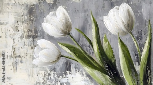 Minimalist White Tulips Painting with Green Leaves on Textured Gray Background