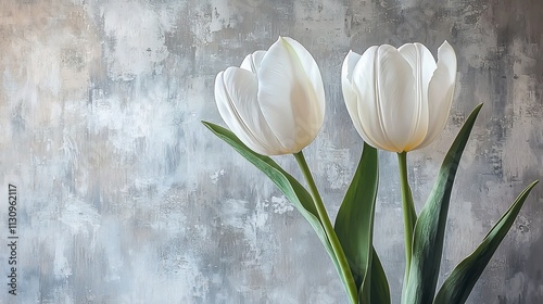 Two Captivating White Tulips with Lush Green Leaves on Pastel Gray Textured Background