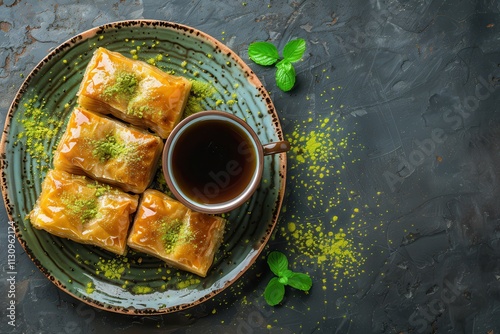 Middle Eastern dessert Knafeh with Arabic coffee Top view of Turkish Baklava and coffee photography photo