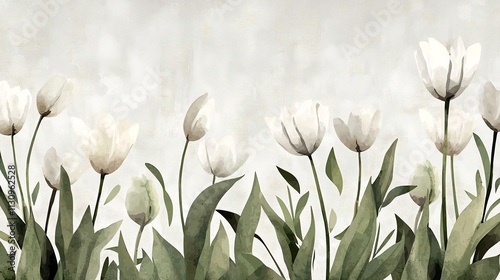 Elegant White Tulips with Lush Green Leaves on Soft Textured Gray Background