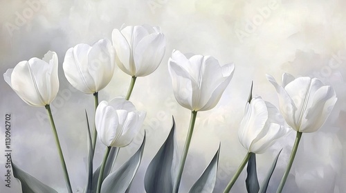 Soft-Focus White Tulips with Muted Gray Gradient Backdrop Accentuating Floral Details
