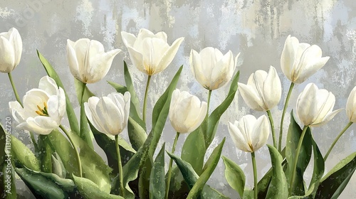 Elegant White Tulips with Lush Green Leaves on Soft Textured Gray Background