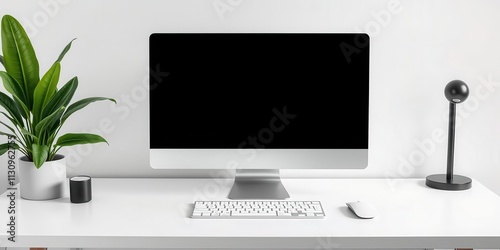 Modern desktop computer mockup with keyboard, mouse, and plant on sleek desk in stylish home office setting, computer, modern, mockup photo