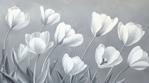 Elegant White Tulips Painting on Serene Gray Background with Intricate Floral Details