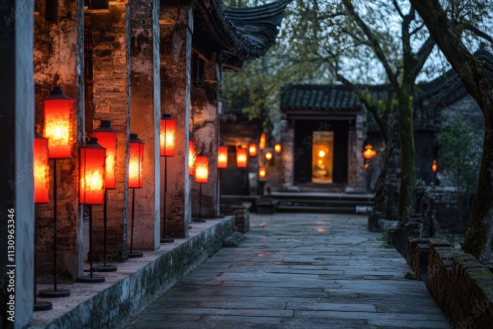 Fototapeta premium Rows of glowing red lanterns hanging in an ancient Chinese temple courtyard