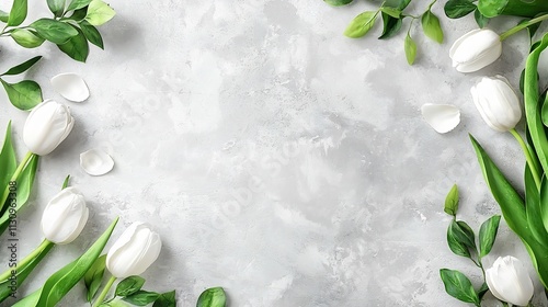 Elegant White Tulips with Green Foliage on Textured Gray Background