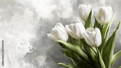 Serene White Tulips Floral Composition on Abstract Gray and White Backdrop