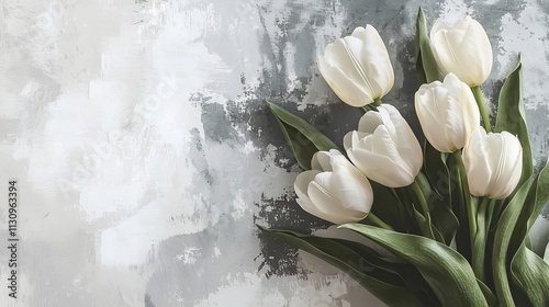 Soft White Tulips Floral Composition Against Abstract Gray and White Background
