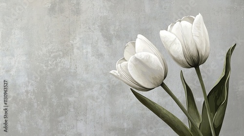 Elegant White Tulip Blooms with Vibrant Green Stems on Textured Gray Canvas