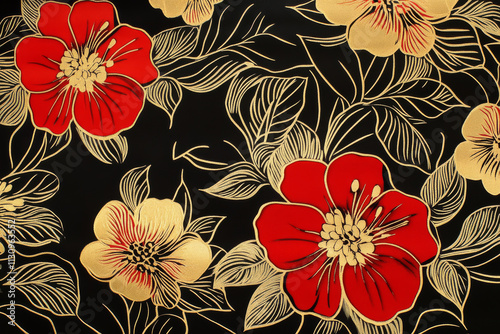 A bold floral pattern with stylized blossoms in striking red and gold tones on a velvety black surface. photo