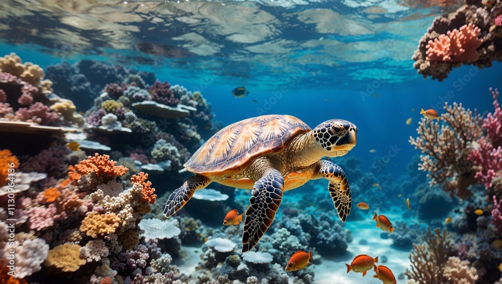 Obraz premium A sea turtle swims.