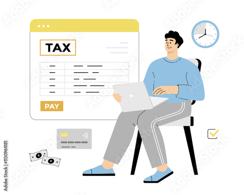 Online tax payment. Tax calculation, making income tax return. Personal financial account. Young man pay bills online on the website form via laptop.Vector illustration on isolated white background.	
