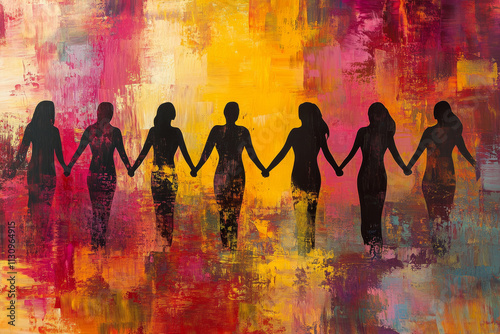 A vivid display of women s silhouettes in warm shades of red, pink, and golden yellow, holding hands over a painterly abstract background with flowing brushstrokes.