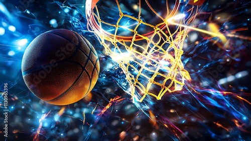 Thrilling Basketball Game with Ball Nearing the Hoop and Vibrant Lighting photo