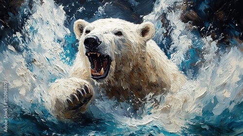 An expressive painting of a polar bear, capturing its wild and energetic nature with a touch of untamed beauty, perfect for art prints and creative expressions photo