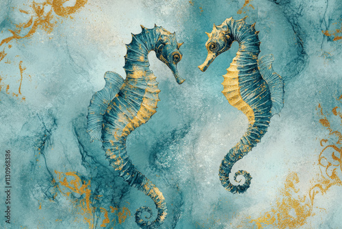 Abstract seahorse illustration, aquamarine background, artistic design featuring seahorses and golden accents. photo