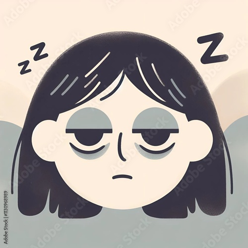 Stylized flat illustration of a tired face, eyes half-closed with dark circles underneath, a slight frown. 