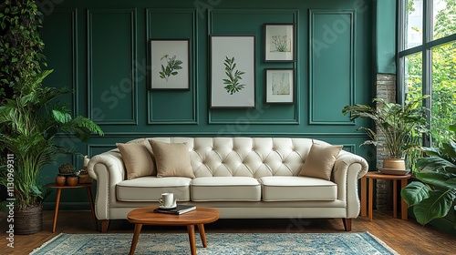 An interior decorator arranges furniture, including a sofa and table, in a living room with a green wall, creating a clean, modern, and luxurious feel in a new residential house photo