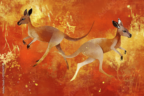 Abstract kangaroo illustration, burnt orange background, artistic design featuring kangaroos and golden accents. photo