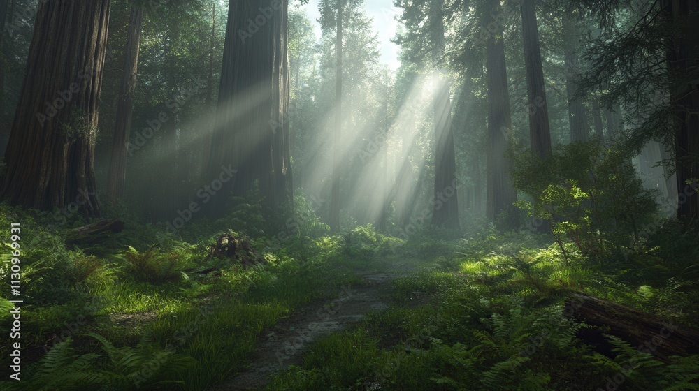 Obraz premium Sunbeams Illuminating a Mystical Redwood Forest Path: A Tranquil Nature Scene