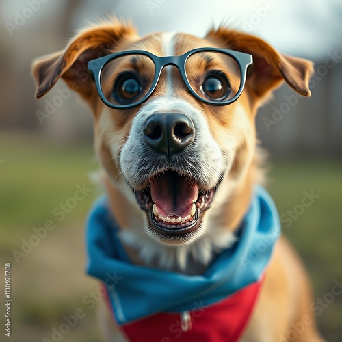 there is a dog wearing glasses and a scarf on it's neck. photo