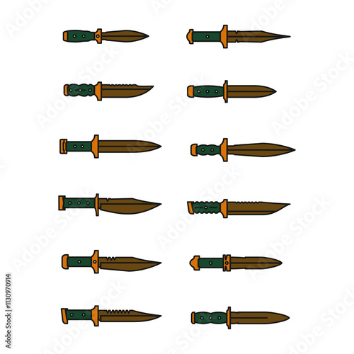 Set of Various Combat Knives Illustrations on a Transparent Background