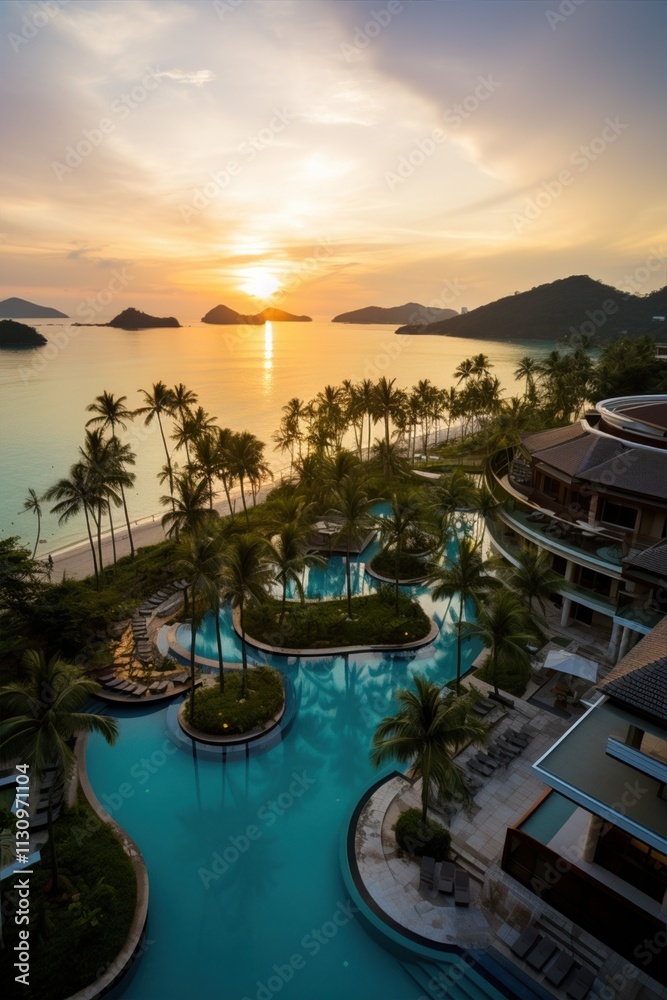 Fototapeta premium The ultimate Tropical Resort Paradise featuring an Infinity Pool and pristine Beach. Aerial view sunset