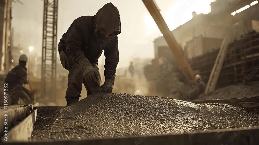 Fototapeta premium Construction Worker Overseeing Concrete Pouring at Building Site