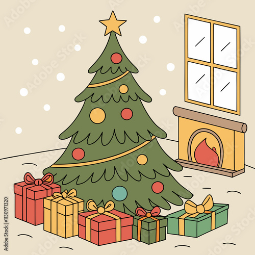  A festive Christmas tree adorned with ornaments and surrounded by beautifully wrapped gifts, perfect for holiday-themed designs and decorations.