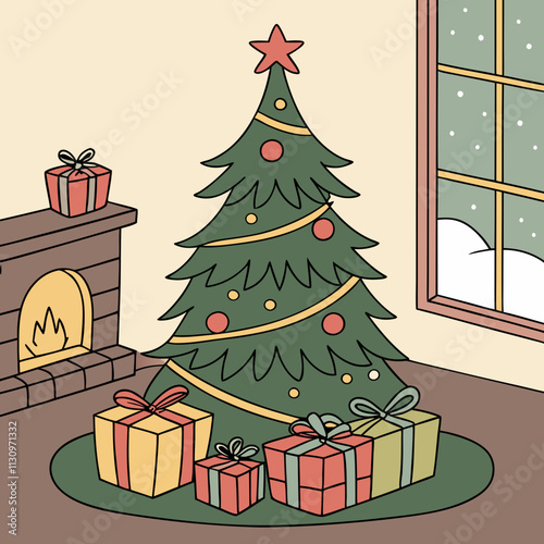  A festive Christmas tree adorned with ornaments and surrounded by beautifully wrapped gifts, perfect for holiday-themed designs and decorations.