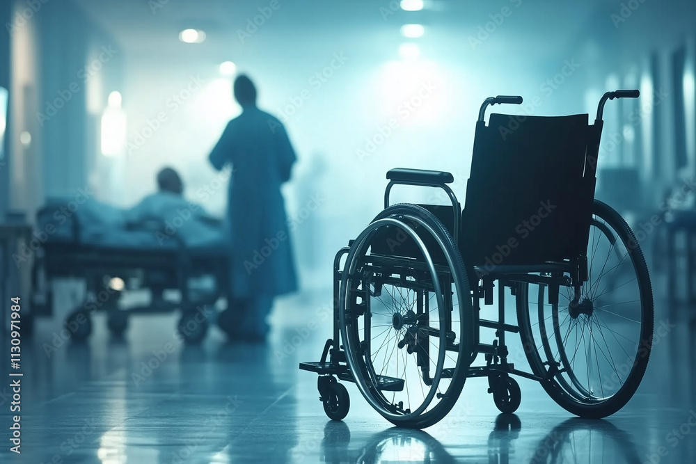 Obraz premium A sleek black wheelchair with a blurred doctor assisting a patient in the background, with copy space. Bright diffused lighting. 