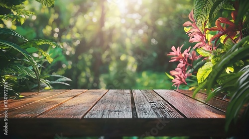 Minimalist Wooden Surface Surrounded by Vibrant Green Plants with Soft-Focus Natural Backdrop