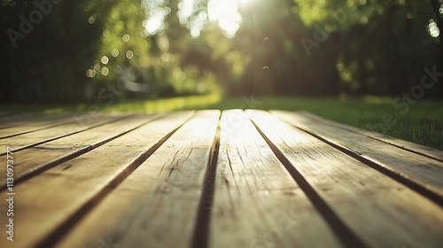 Tranquil Outdoor Natural Wood Surface with Blurred Garden View and Vibrant Tones