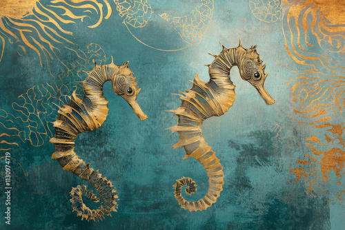 Abstract seahorse illustration, aquamarine background, artistic design featuring seahorses and golden accents. photo