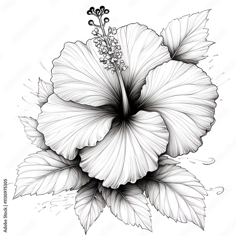 Fototapeta premium Monochrome hibiscus flower with detailed petals and leaves.