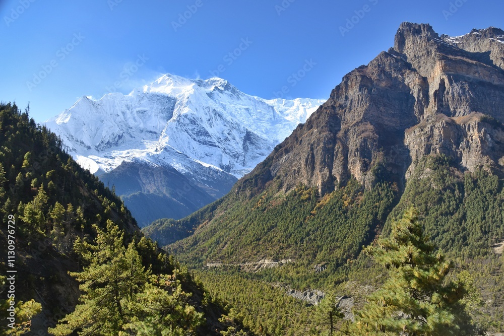 Fototapeta premium Snow-capped Himalayan mountain tops and glaciar peaks in Nepal