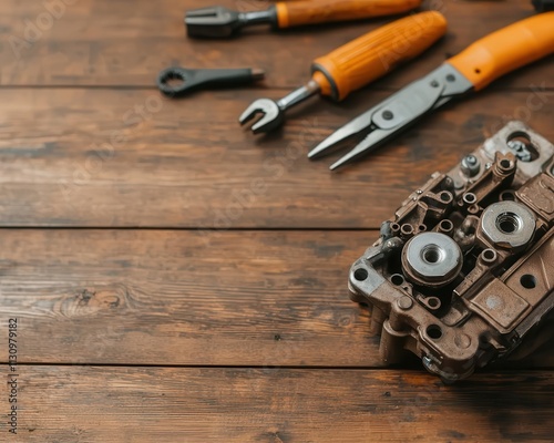 Mechanic restoring a classic car engine, tools scattered on a greasestained workbench photo